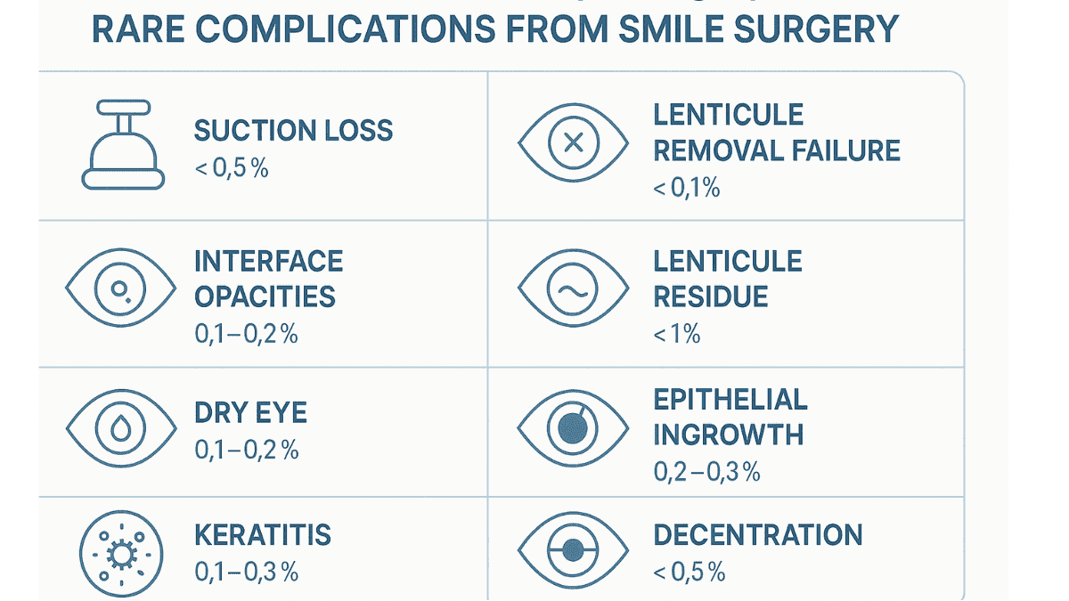 Chart showing less common complications after SMILE eye surgery, with iconography.