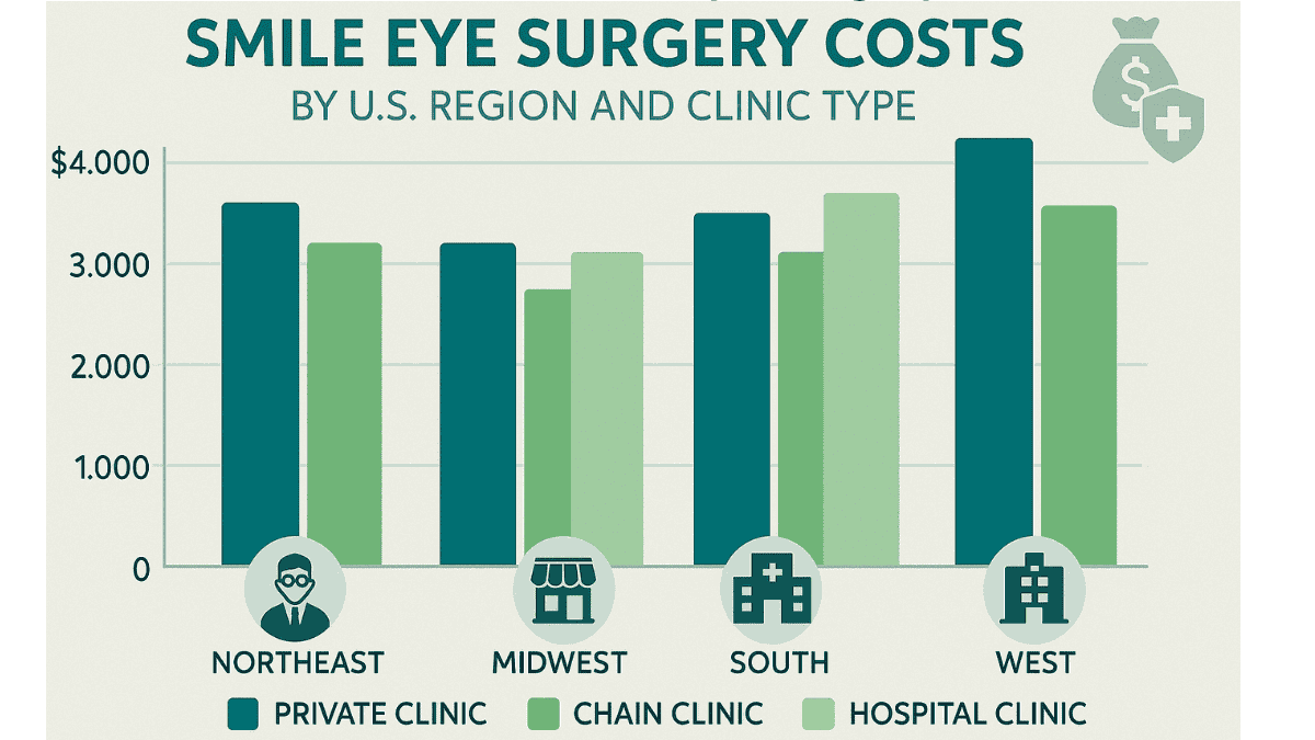 Infographic showing price ranges for SMILE eye surgery across different clinic types and regions.
