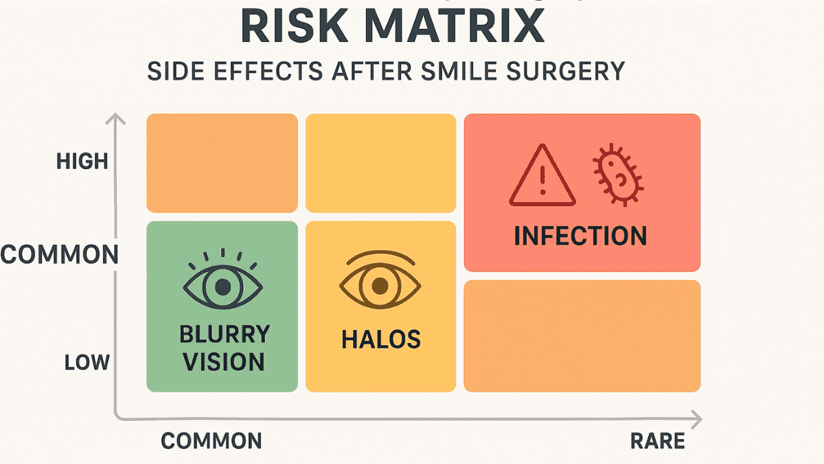 Infographic charting common and rare side effects of SMILE laser eye surgery with severity levels.