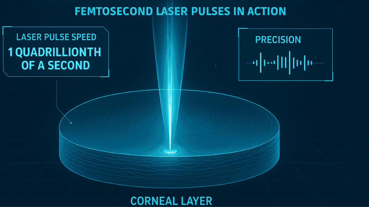 Femtosecond laser used in SMILE eye surgery, highlighting its ultrafast pulses and precision.