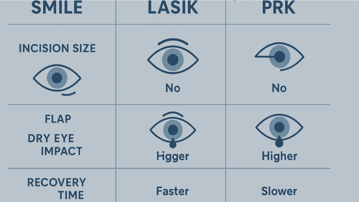 Comparison chart of SMILE, LASIK, and PRK eye surgeries showing differences in incision, flap, dry eye risk, and recovery time.