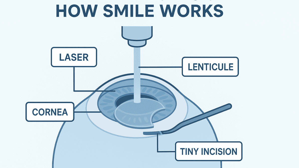 Infographic showing the SMILE laser eye surgery process, including lenticule creation and removal through a small incision.