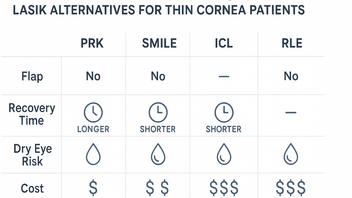 Comparison chart of PRK, SMILE, ICL, RLE for thin cornea patients
