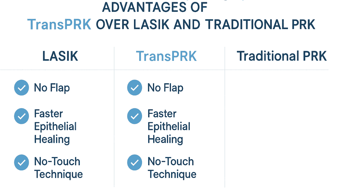 A comparative infographic showing key advantages of TransPRK such as flapless surgery, faster healing, and suitability for thin corneas, compared to LASIK and PRK.