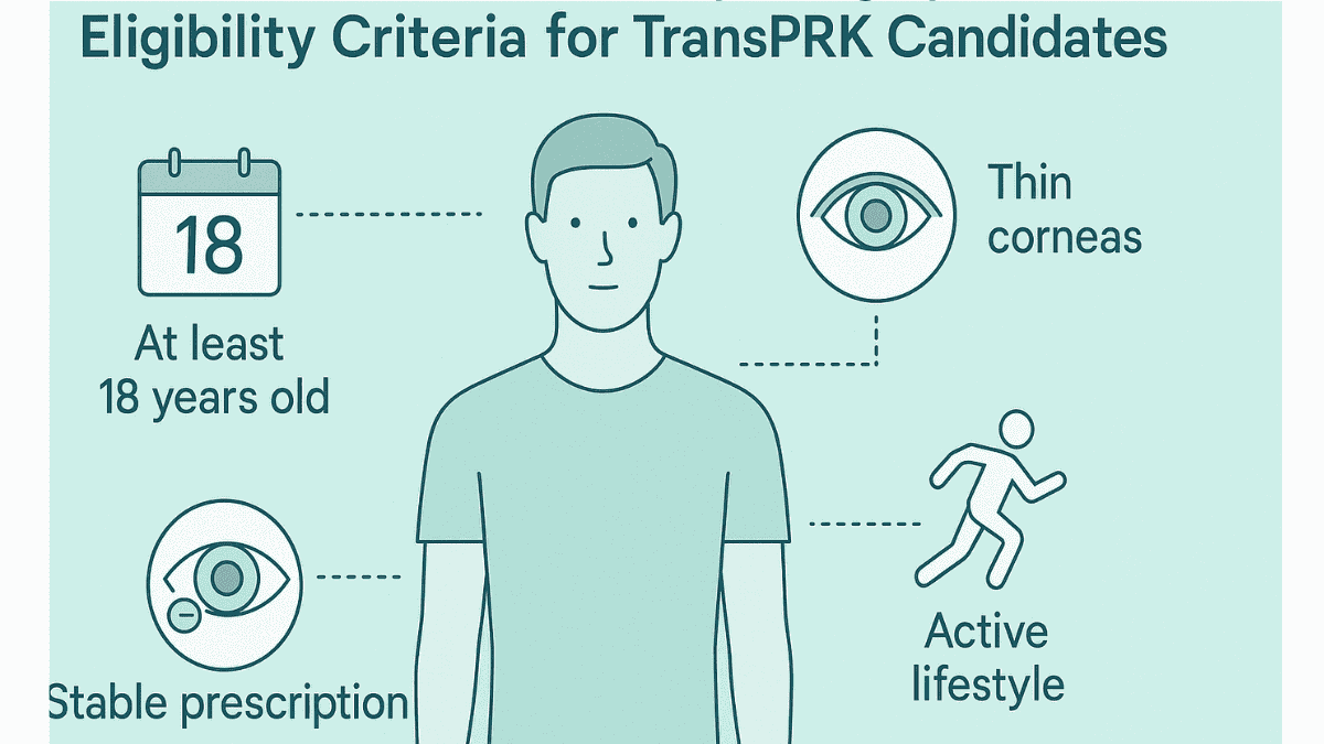 Eligibility visual for TransPRK surgery highlighting age, prescription stability, and lifestyle factors with icons.