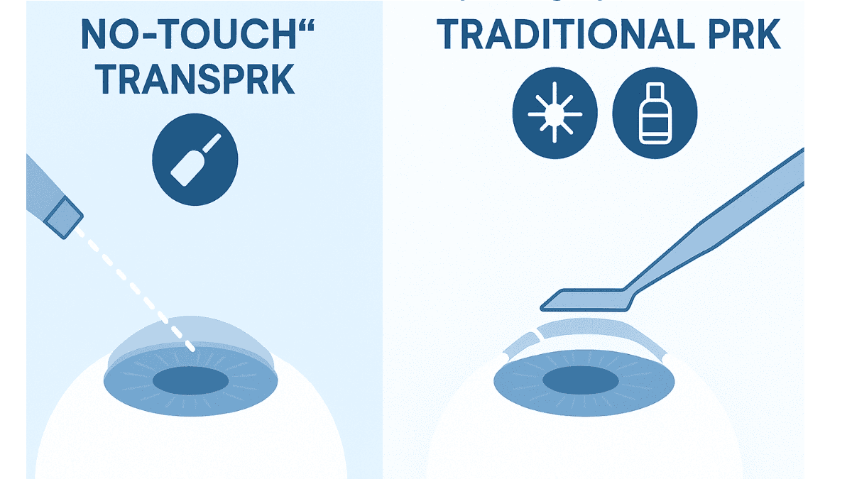 Infographic contrasting the no-touch laser technique in TransPRK with manual methods in traditional PRK, using a clean split design.