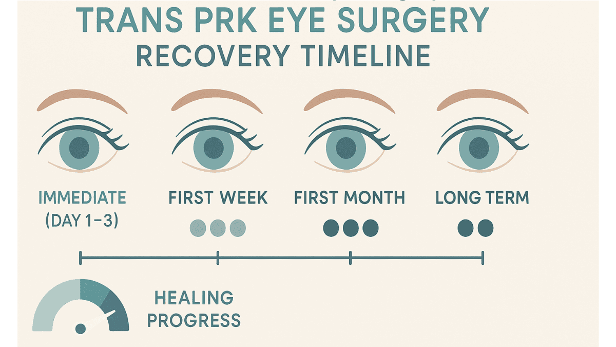 Infographic timeline outlining TransPRK recovery stages including vision clarity progress and healing phases.