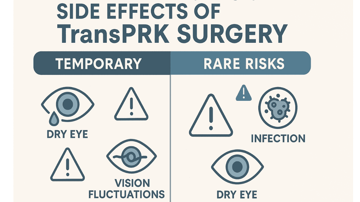 Visual summary of potential risks and side effects of TransPRK surgery, categorized into temporary and rare issues.