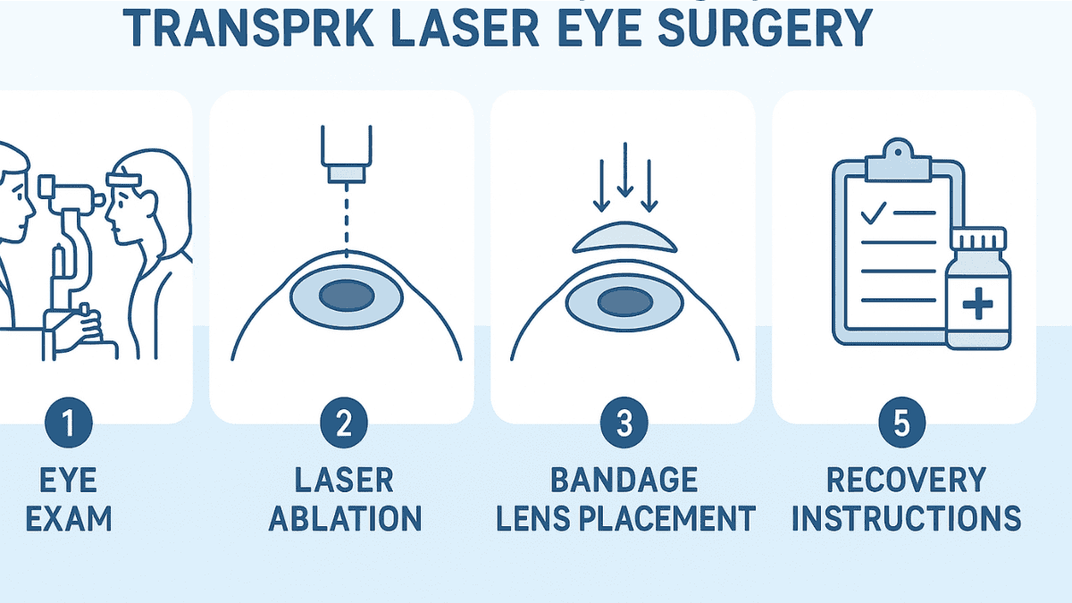 Step-by-step infographic showing the stages of the TransPRK procedure from pre-exam to healing.