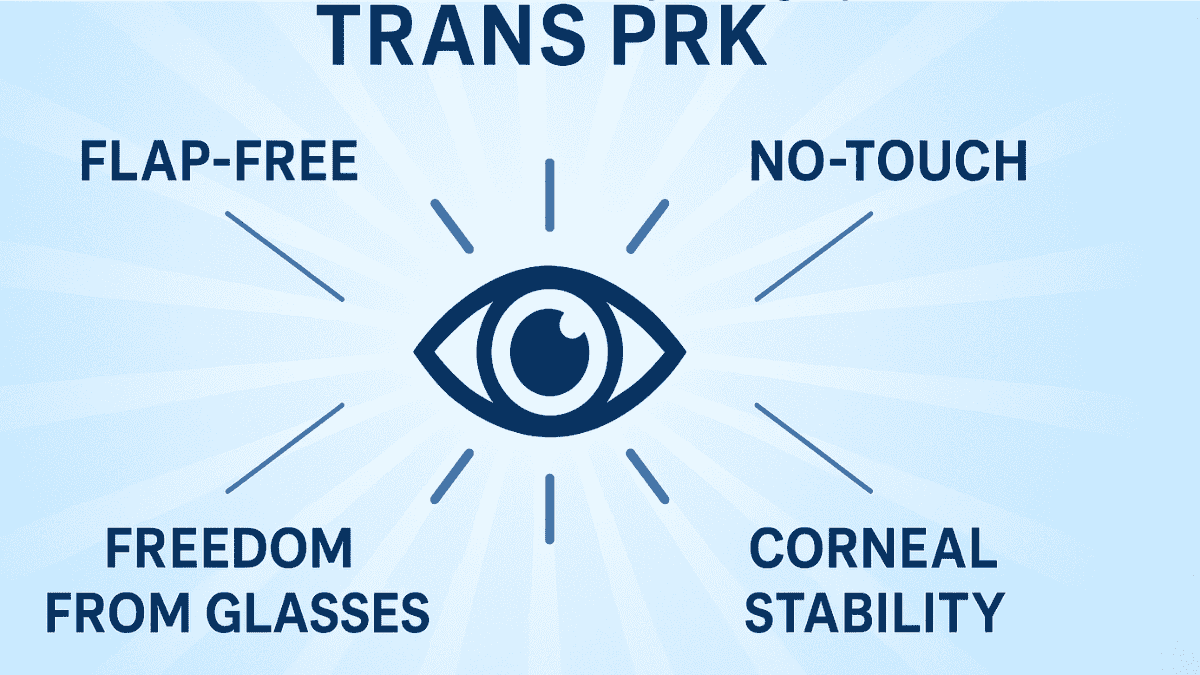 Conceptual summary graphic showing the benefits of TransPRK with an eye icon at center and radiating benefit points.
