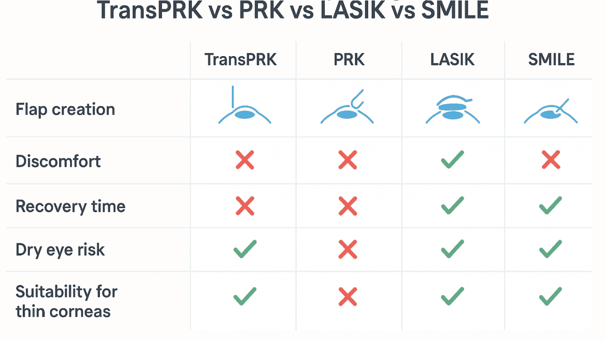 Comparison chart visualizing differences between TransPRK, PRK, LASIK, and SMILE procedures across key features such as flap creation, recovery speed, and dry eye risk.