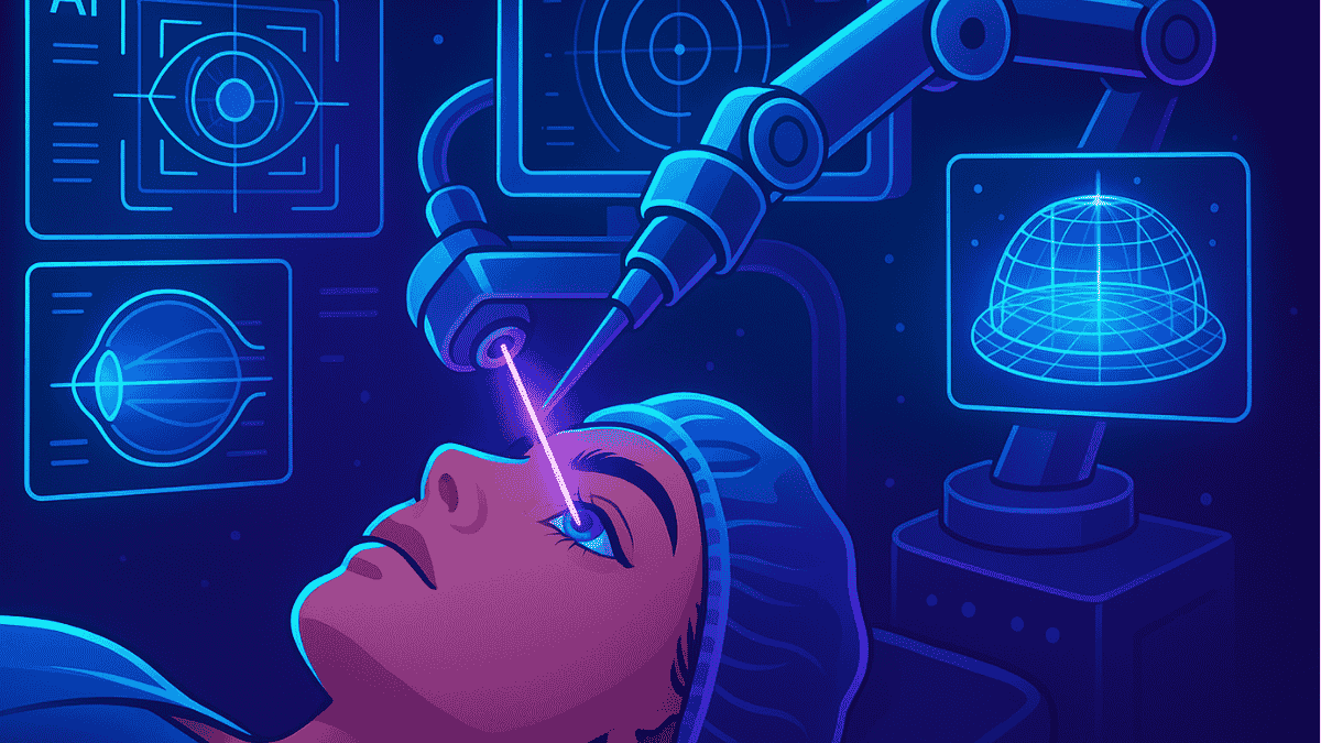 Illustration of futuristic laser eye surgery technologies and AI-driven diagnostics