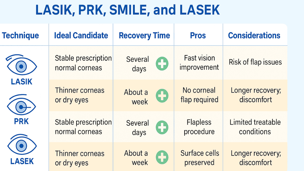 Comparison chart of LASIK, PRK, SMILE, and LASEK eye surgeries