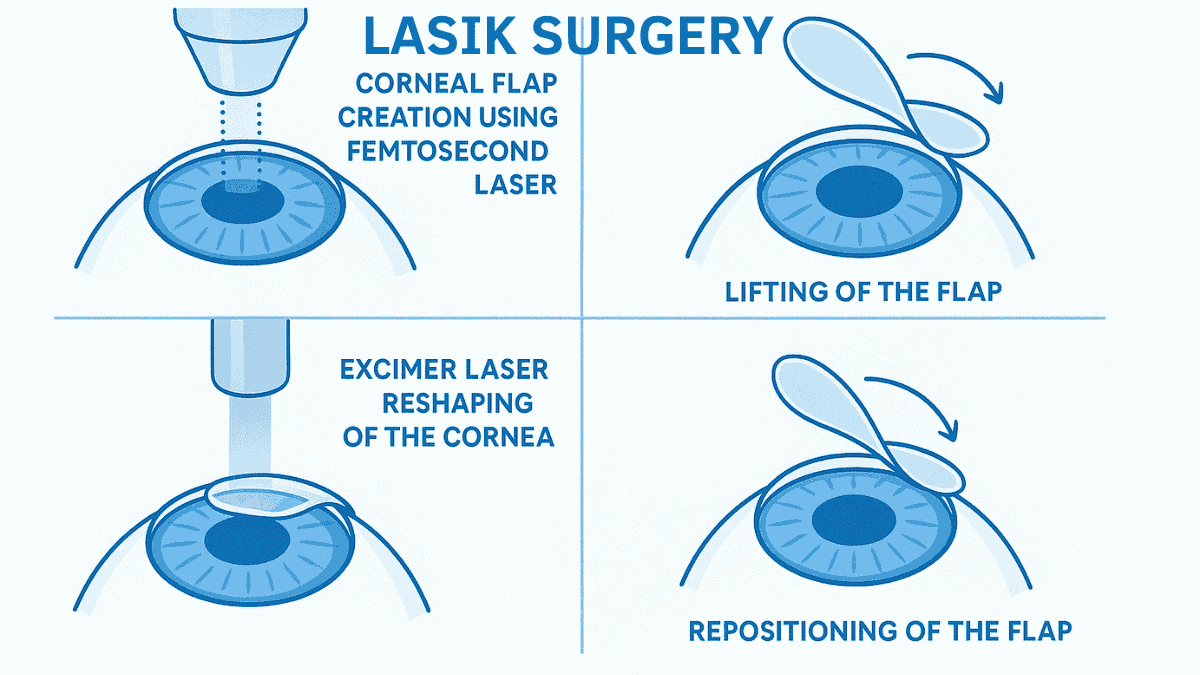 Illustration of LASIK procedure showing corneal flap creation and laser reshaping