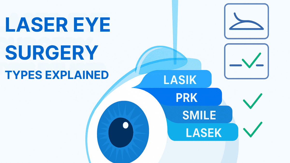 Illustration showing different types of laser eye surgery including LASIK, PRK, and SMILE