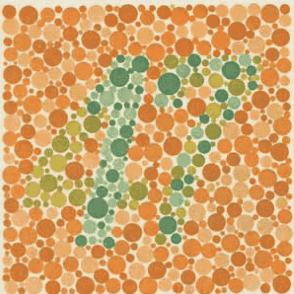 Color blindness test image showing a number in a circle of colored dots.
