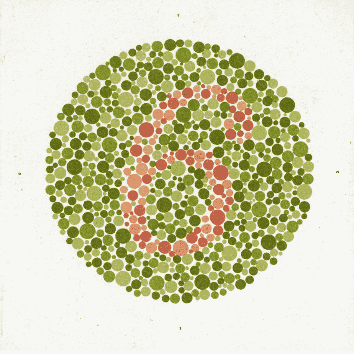 Color blindness test image showing a number in a circle of colored dots.
