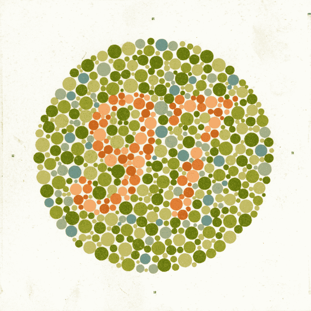 Color blindness test image showing a number in a circle of colored dots.