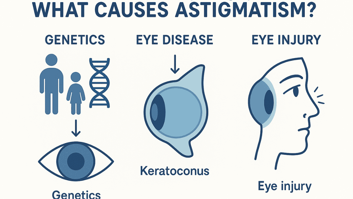 Infographic explaining main causes of astigmatism such as genetics, keratoconus, and eye injury