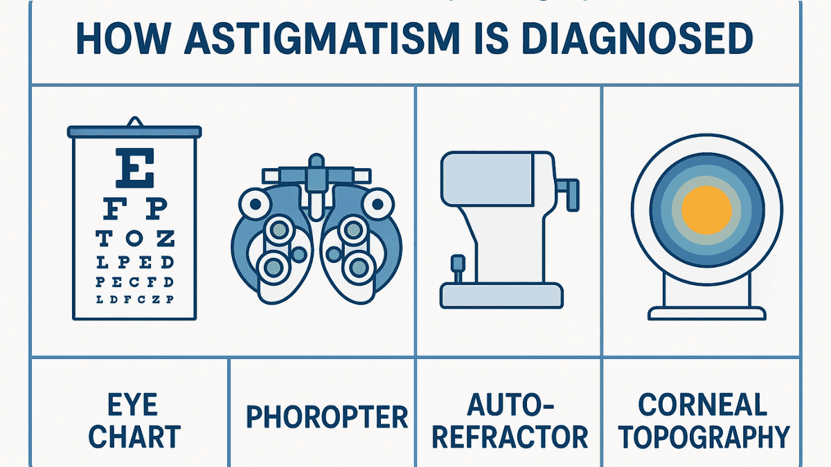 Infographic showing eye tests used to diagnose astigmatism: visual acuity, phoropter, topography