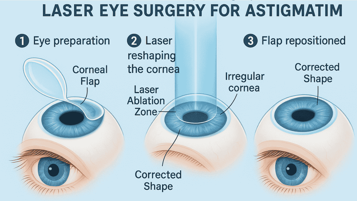 Infographic showing how laser eye surgery like LASIK corrects astigmatism by reshaping the cornea.