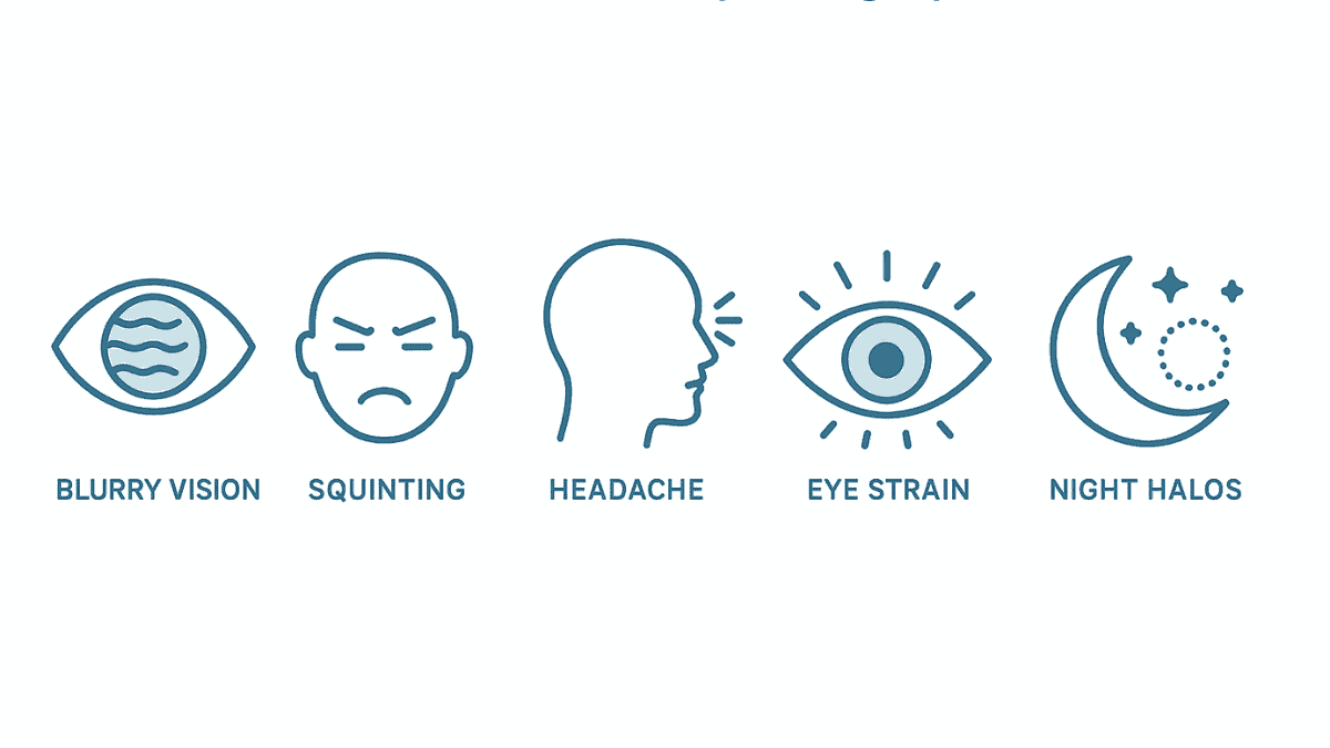 Set of icons showing common astigmatism symptoms: blurry vision, squinting, headaches, halos, eye fatigue
