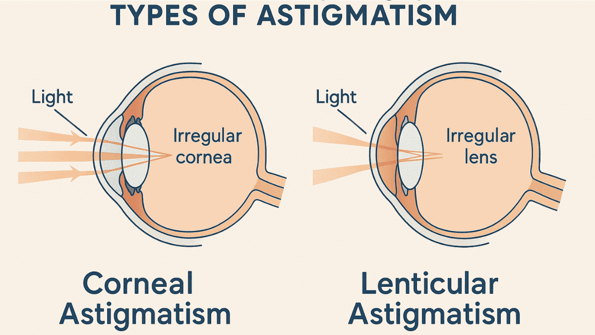 Visual comparison between corneal and lenticular astigmatism showing affected eye structures