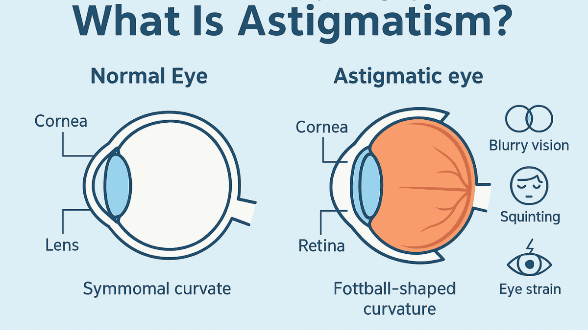 What is astigmatism? Illustrated infographic comparing eye with and without astigmatism, with labeled parts and symptoms.