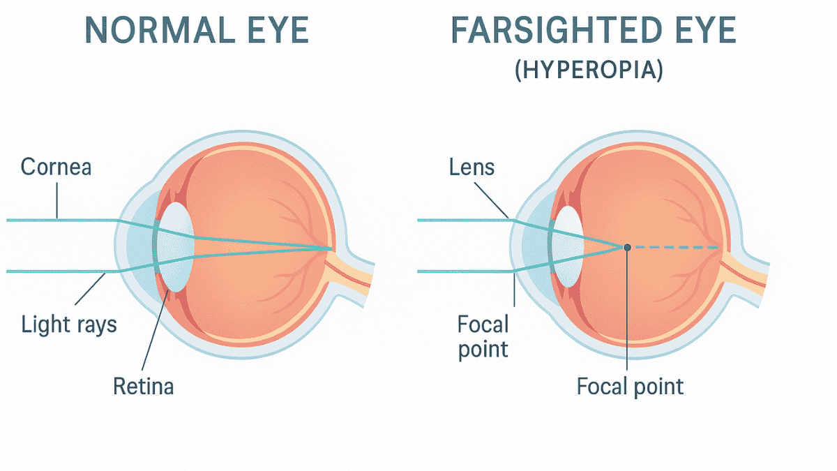 Diagram showing how farsightedness affects light focusing behind the retina