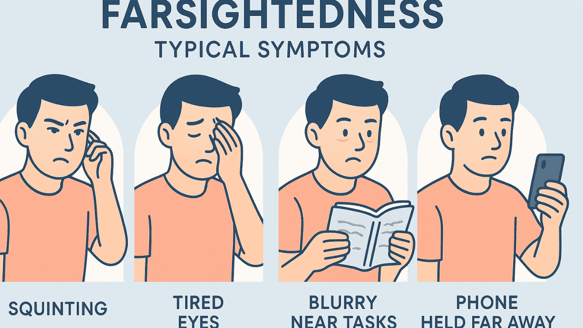 Illustration showing common symptoms of farsightedness like squinting and eye strain