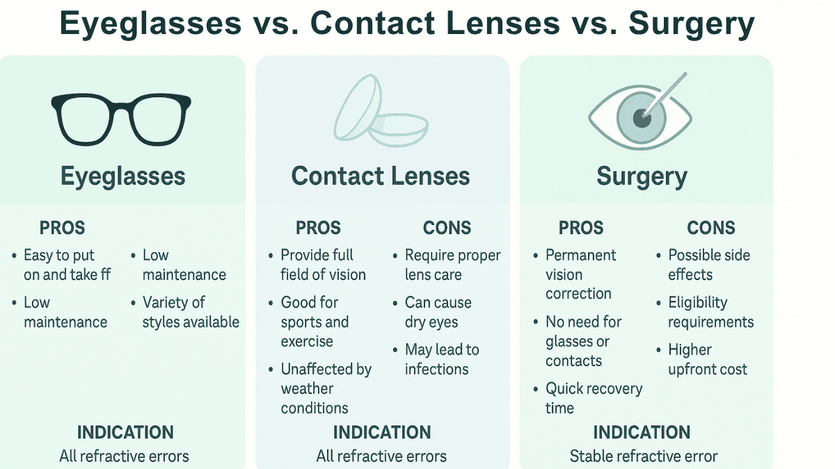 Infographic comparing eyeglasses, contact lenses, and laser surgery for hyperopia