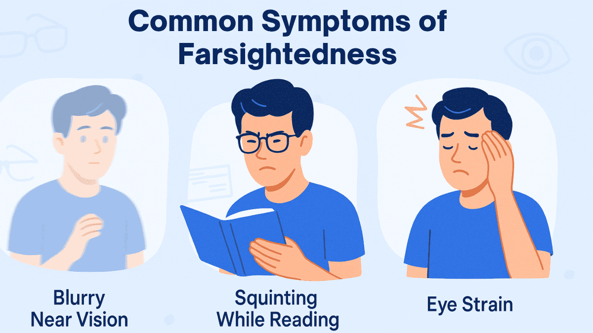What is farsightedness and what are its common symptoms illustrated clearly