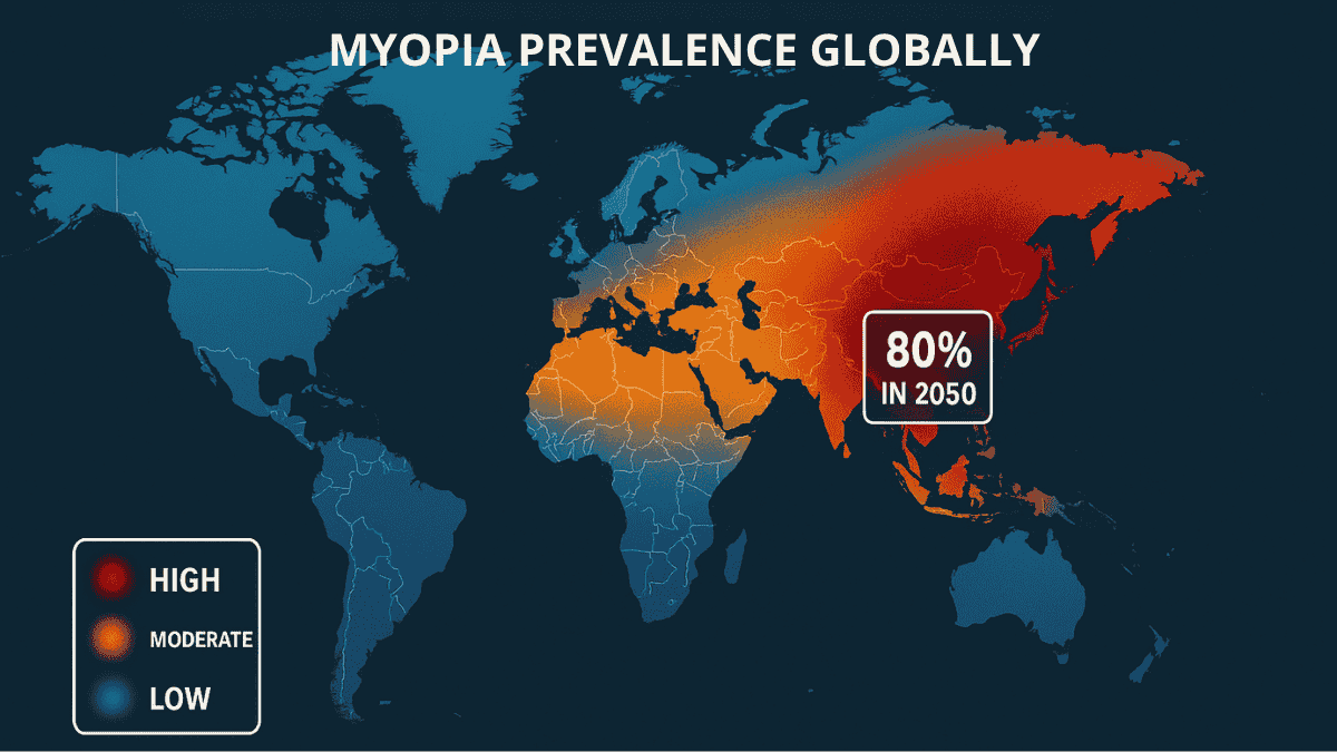 World map showing rising myopia prevalence with heat zones