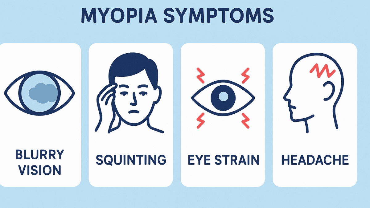 Icon set showing symptoms of myopia like blurry vision, squinting, eye strain, headaches