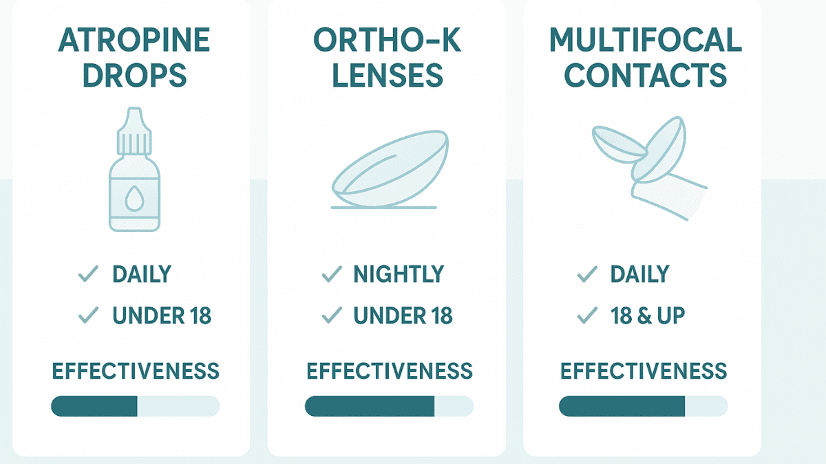 Comparison of myopia control methods: atropine drops, ortho-k lenses, and multifocal contacts