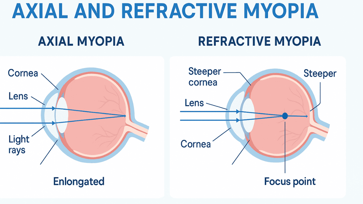 Infographic comparing axial and refractive myopia with diagrams