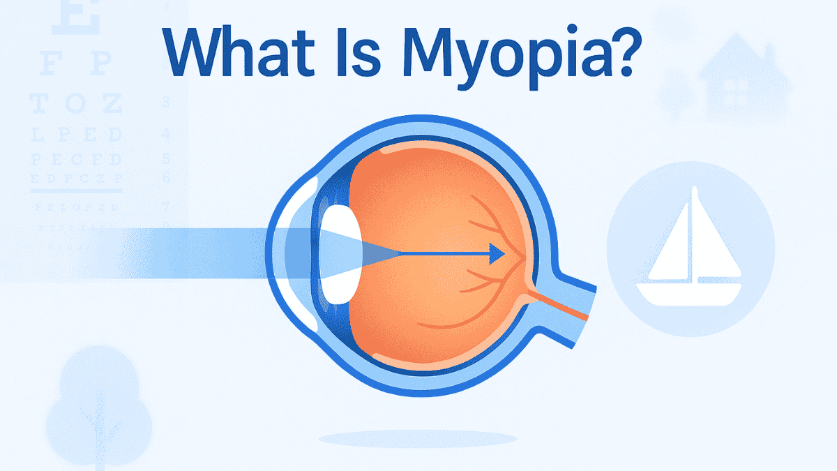 Visual explanation of what is myopia showing blurry distance and clear near vision