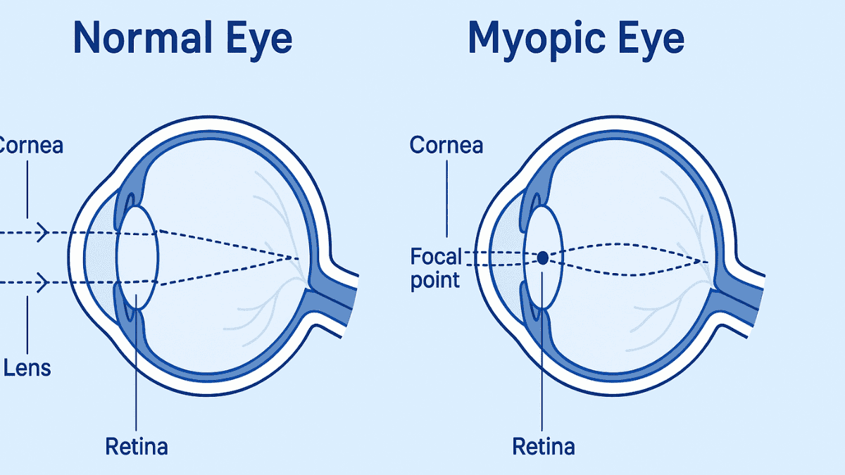 Illustration showing what is myopia with focused and defocused light rays