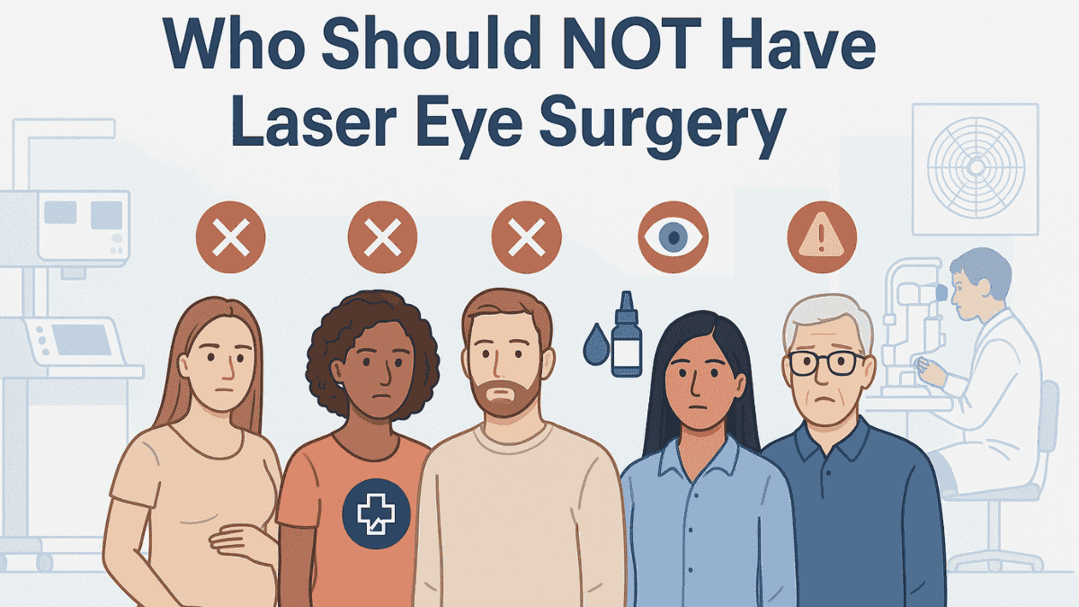 Illustration showing who should not have laser eye surgery due to medical conditions or eye health issues, with ineligible patients clearly indicated.